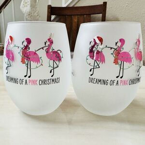 Set of 2 Culver Flamingo Frosted Stemless Glasses Dreaming of a Pink Christmas